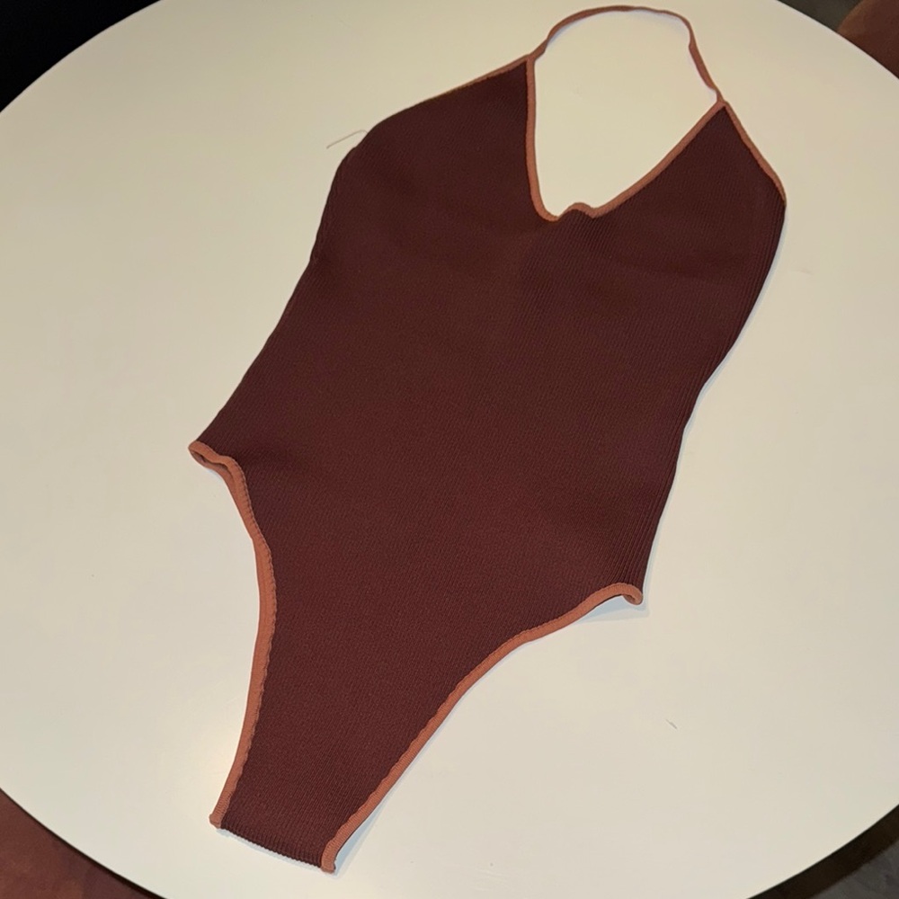 Hanifa Brown Bodysuit with Tan Trim